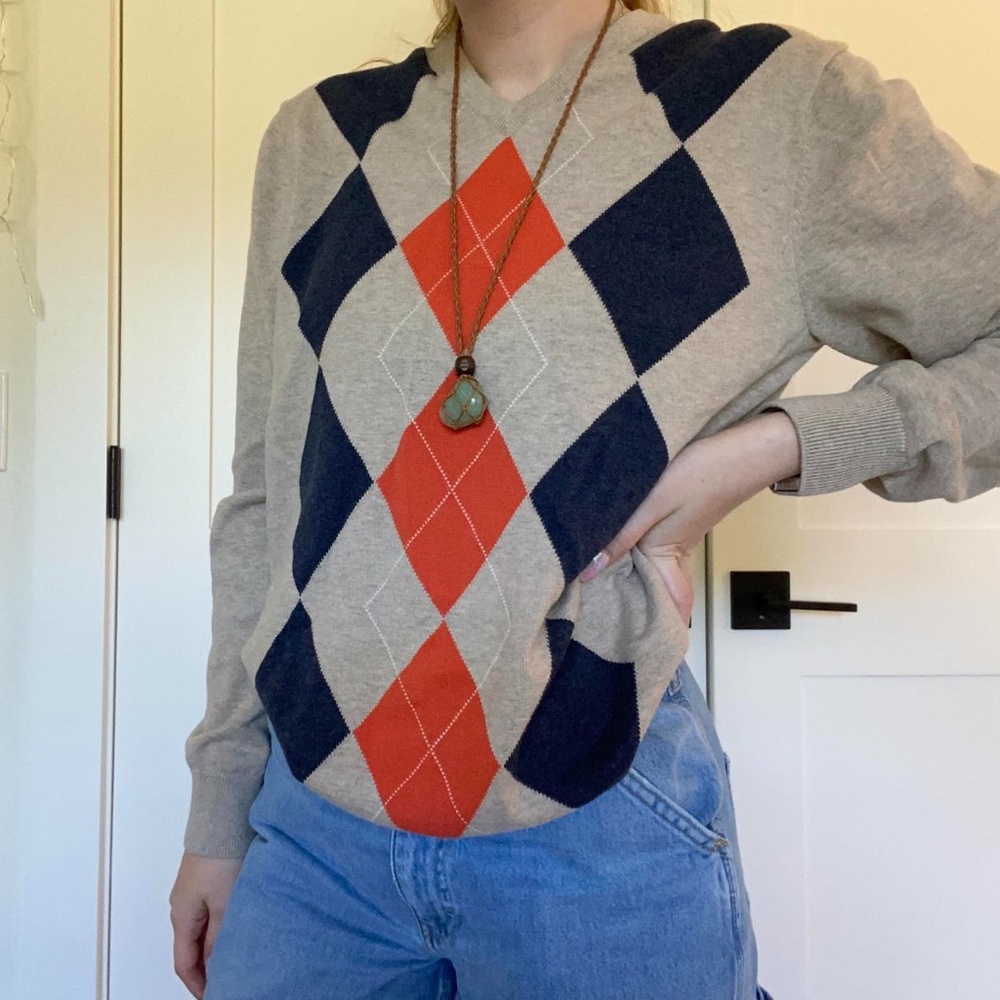 Tan, blue, and orange argyle sweater, size medium, Gap